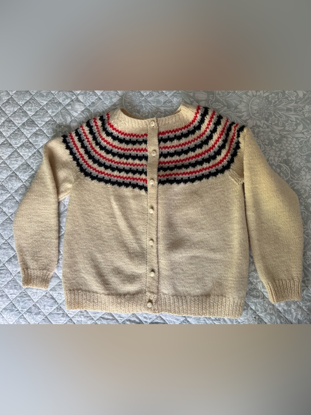 Cream Button Up Cardigan with Black, Gray and Red Stripe Design
